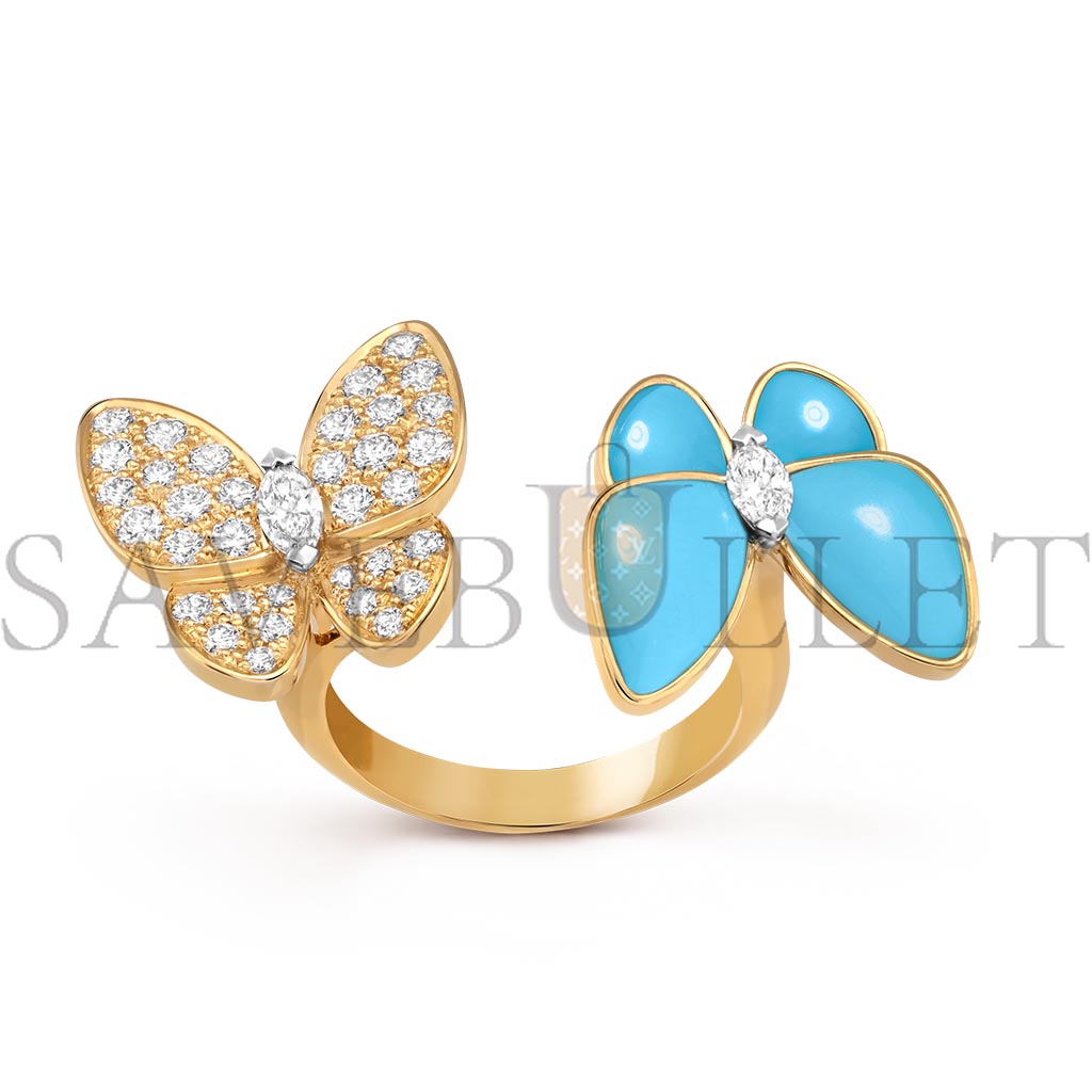 VAN CLEEF ARPELS TWO BUTTERFLY BETWEEN THE FINGER RING - YELLOW GOLD, DIAMOND, TURQUOISE  VCARP7UZ00